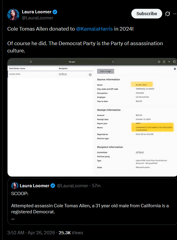 Laura Loomer tweet — Cole Allen FEC donation records to Kamala Harris 2024